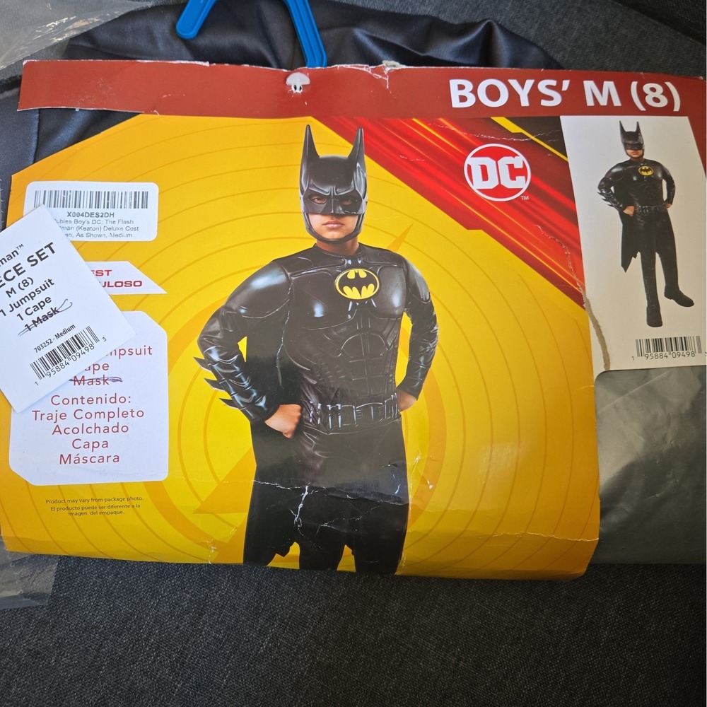 DC Batman Costume Kids M 8 Black Excellent Padded Jumpsuit Cape No Mask